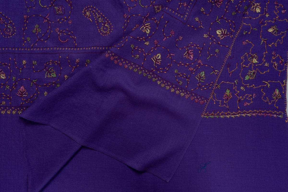 Royal Amethyst Sozni Hand Embroidered Fine merino wool Shawl with Delicate Paisley and Vine Patterns