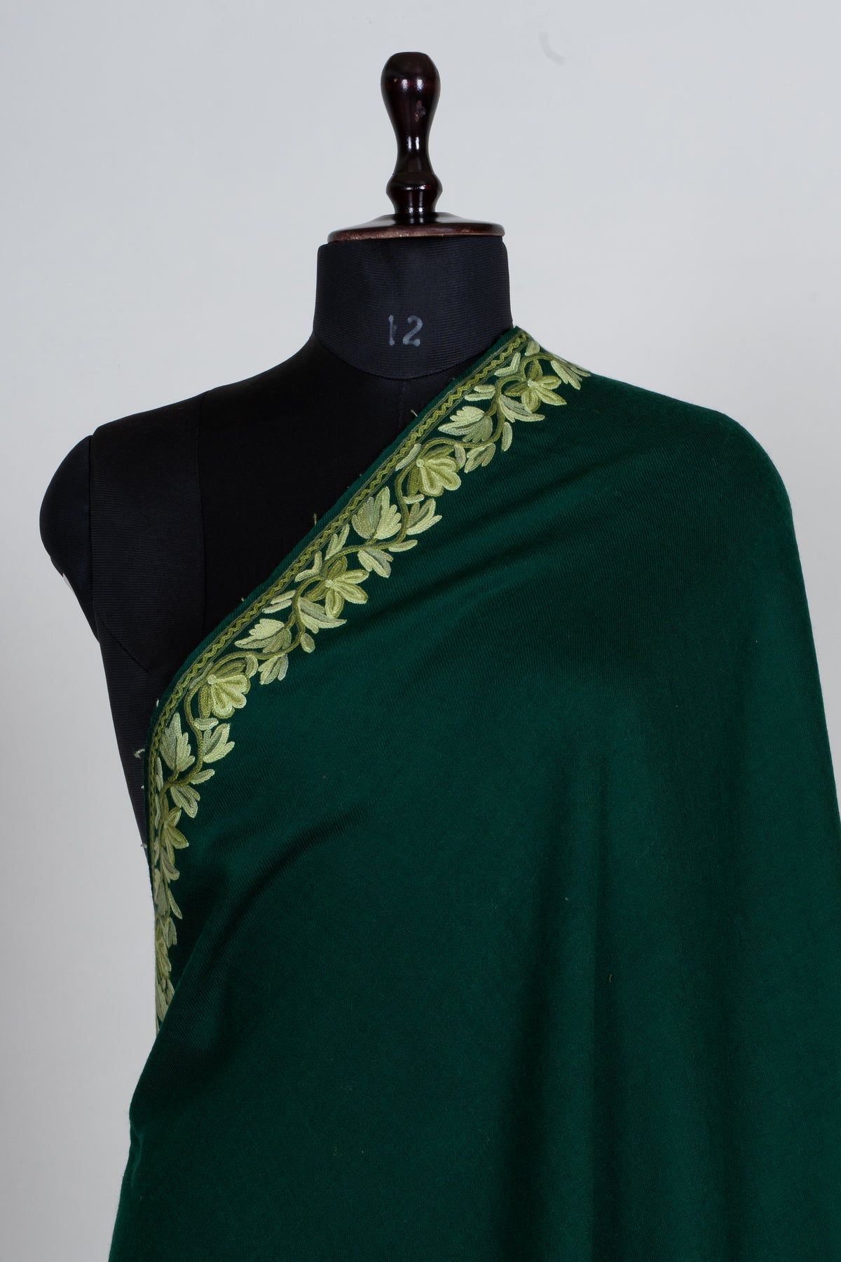 Forest Green Aari Hand Embroidered Fine merino wool Shawl with Sage Green Floral Borders