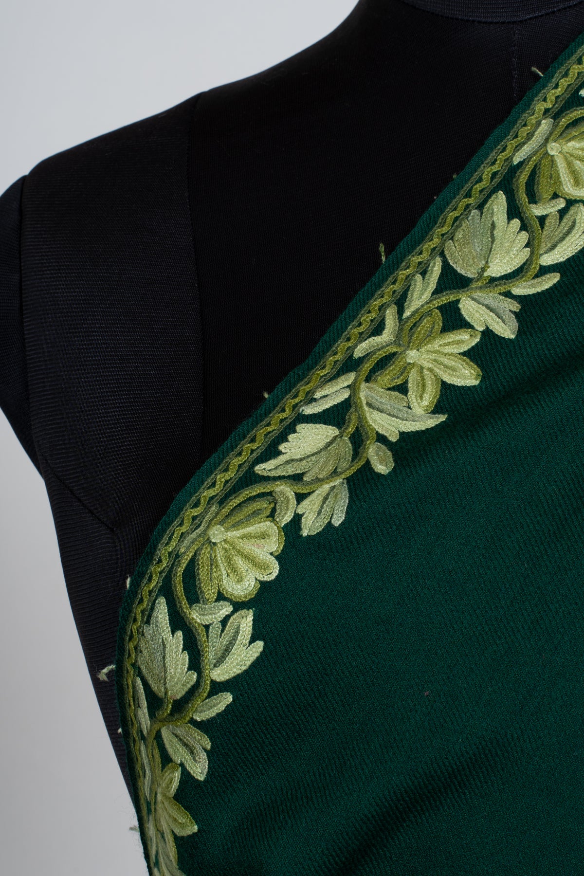 Forest Green Aari Hand Embroidered Fine merino wool Shawl with Sage Green Floral Borders