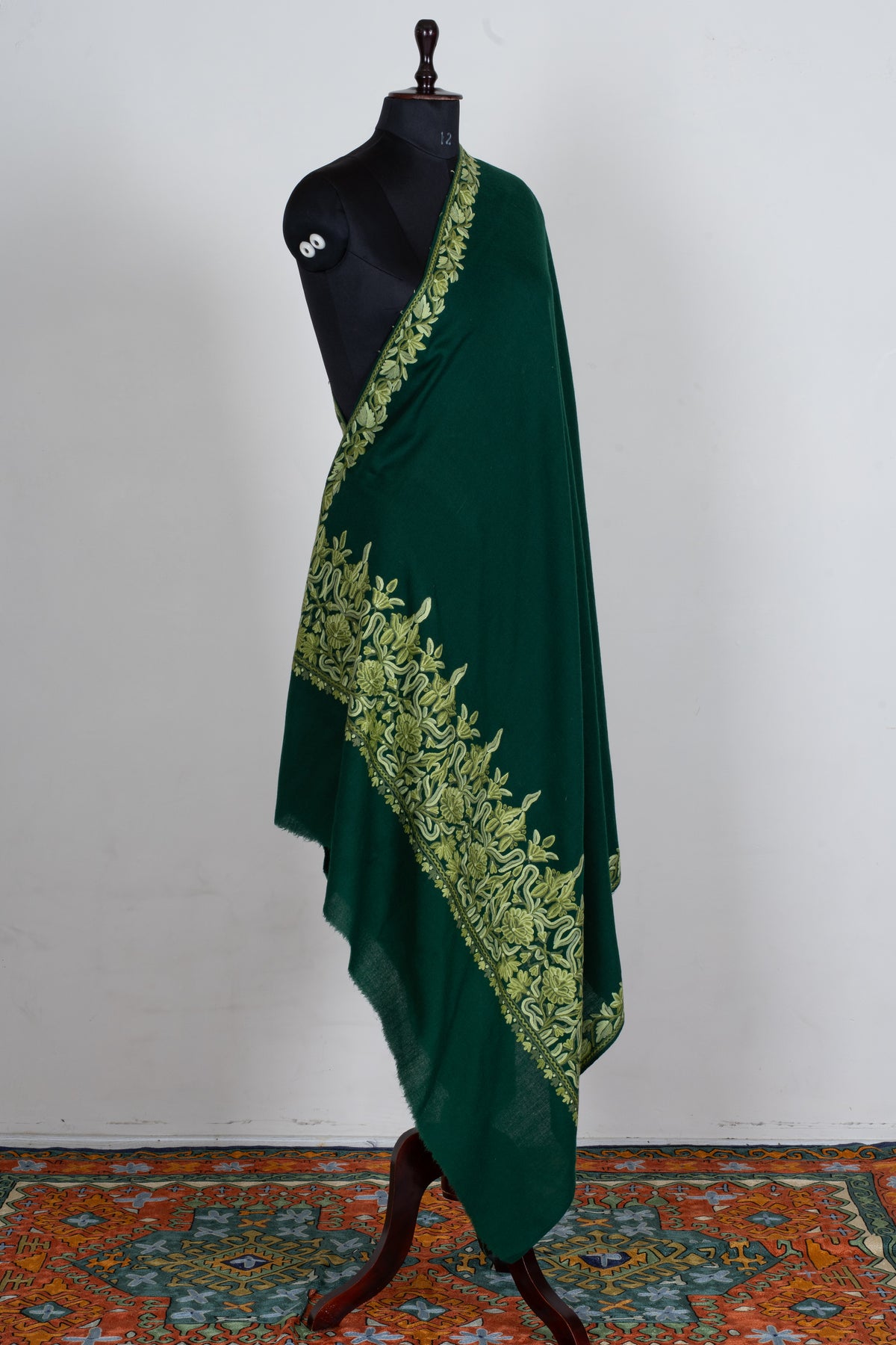 Forest Green Aari Hand Embroidered Fine merino wool Shawl with Sage Green Floral Borders