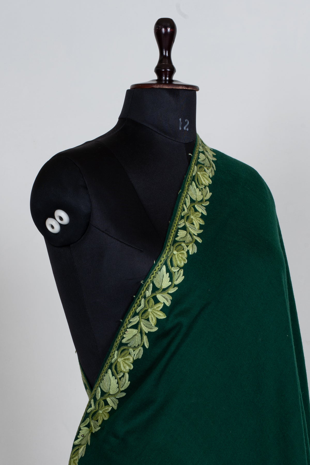 Forest Green Aari Hand Embroidered Fine merino wool Shawl with Sage Green Floral Borders