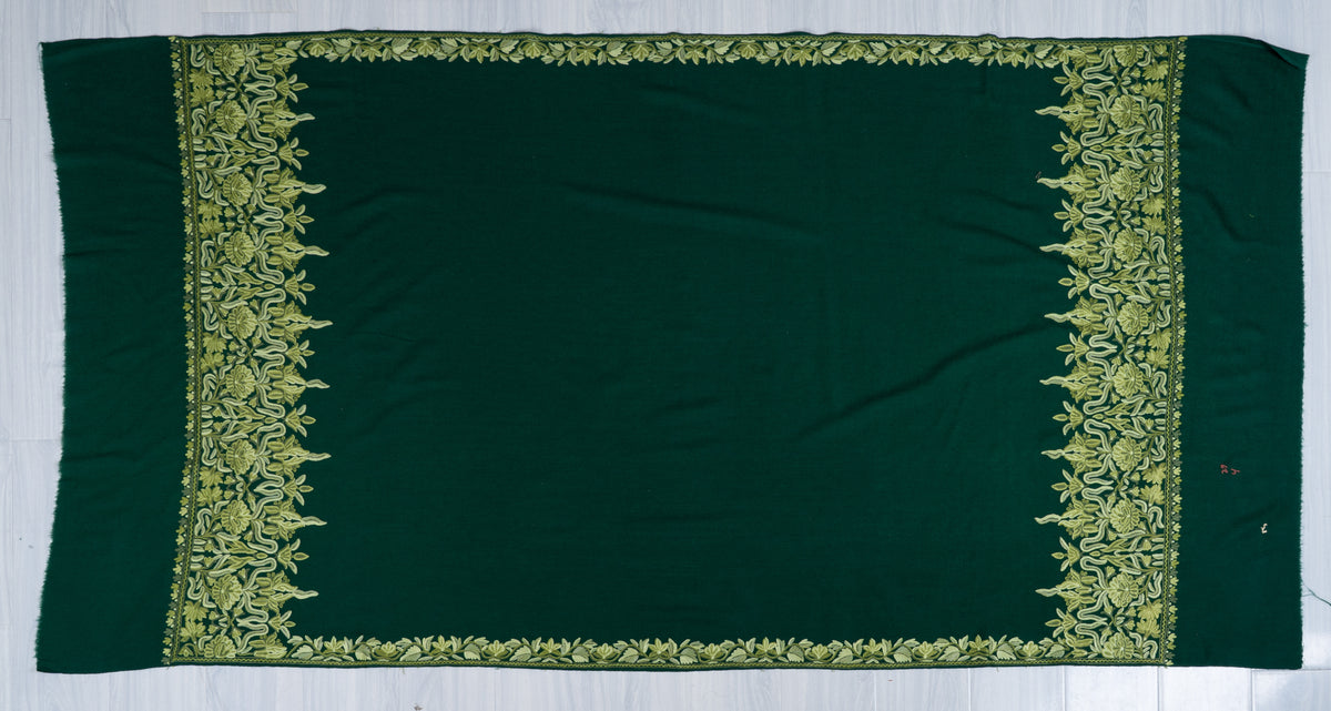 Forest Green Aari Hand Embroidered Fine merino wool Shawl with Sage Green Floral Borders