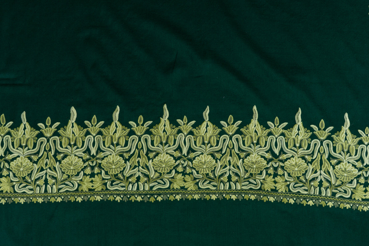 Forest Green Aari Hand Embroidered Fine merino wool Shawl with Sage Green Floral Borders