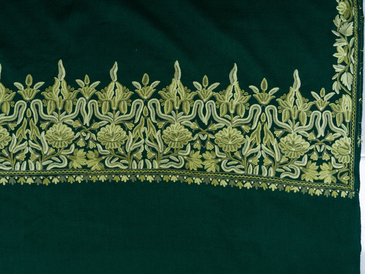 Forest Green Aari Hand Embroidered Fine merino wool Shawl with Sage Green Floral Borders