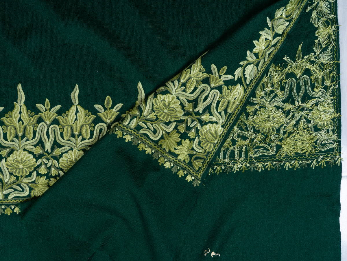 Forest Green Aari Hand Embroidered Fine merino wool Shawl with Sage Green Floral Borders