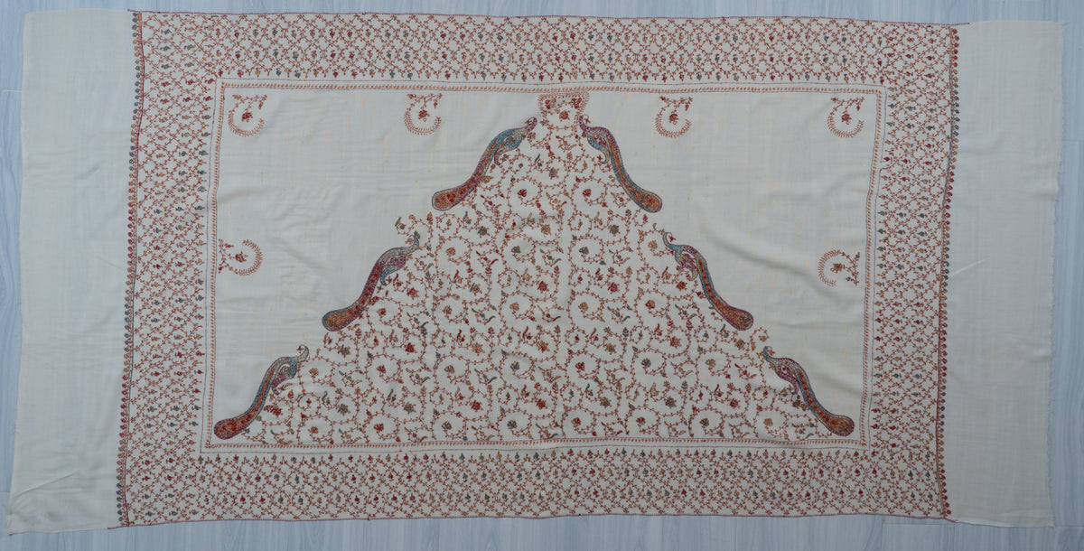 Ivory Serenity Sozni Hand Embroidered Fine merino wool with Delicate Floral Vines and Paisley Accents