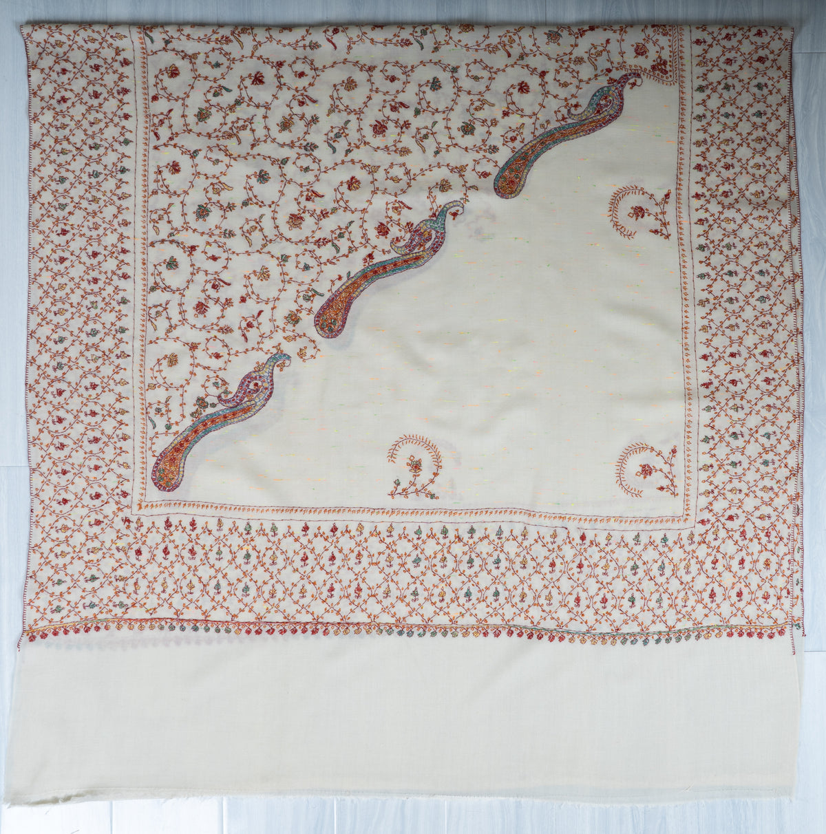 Ivory Serenity Sozni Hand Embroidered Fine merino wool with Delicate Floral Vines and Paisley Accents