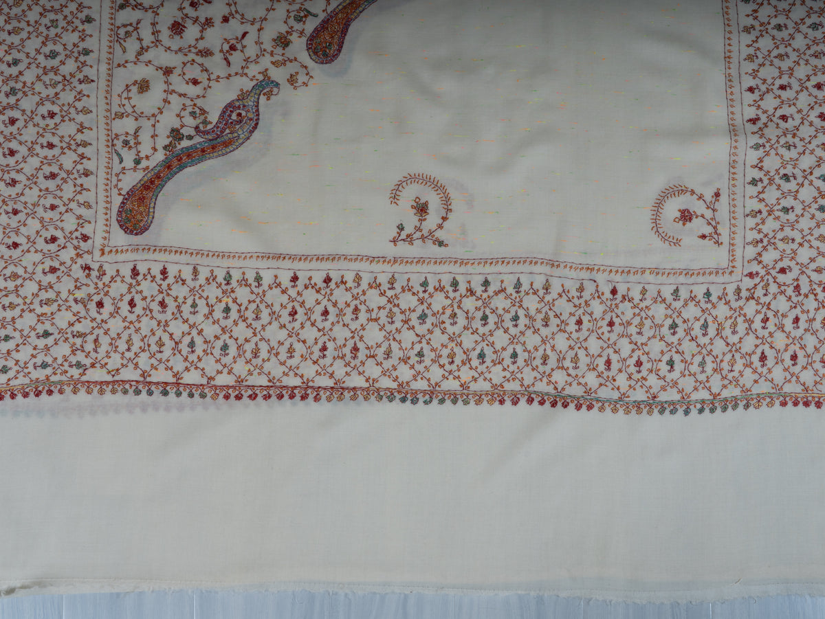 Ivory Serenity Sozni Hand Embroidered Fine merino wool with Delicate Floral Vines and Paisley Accents