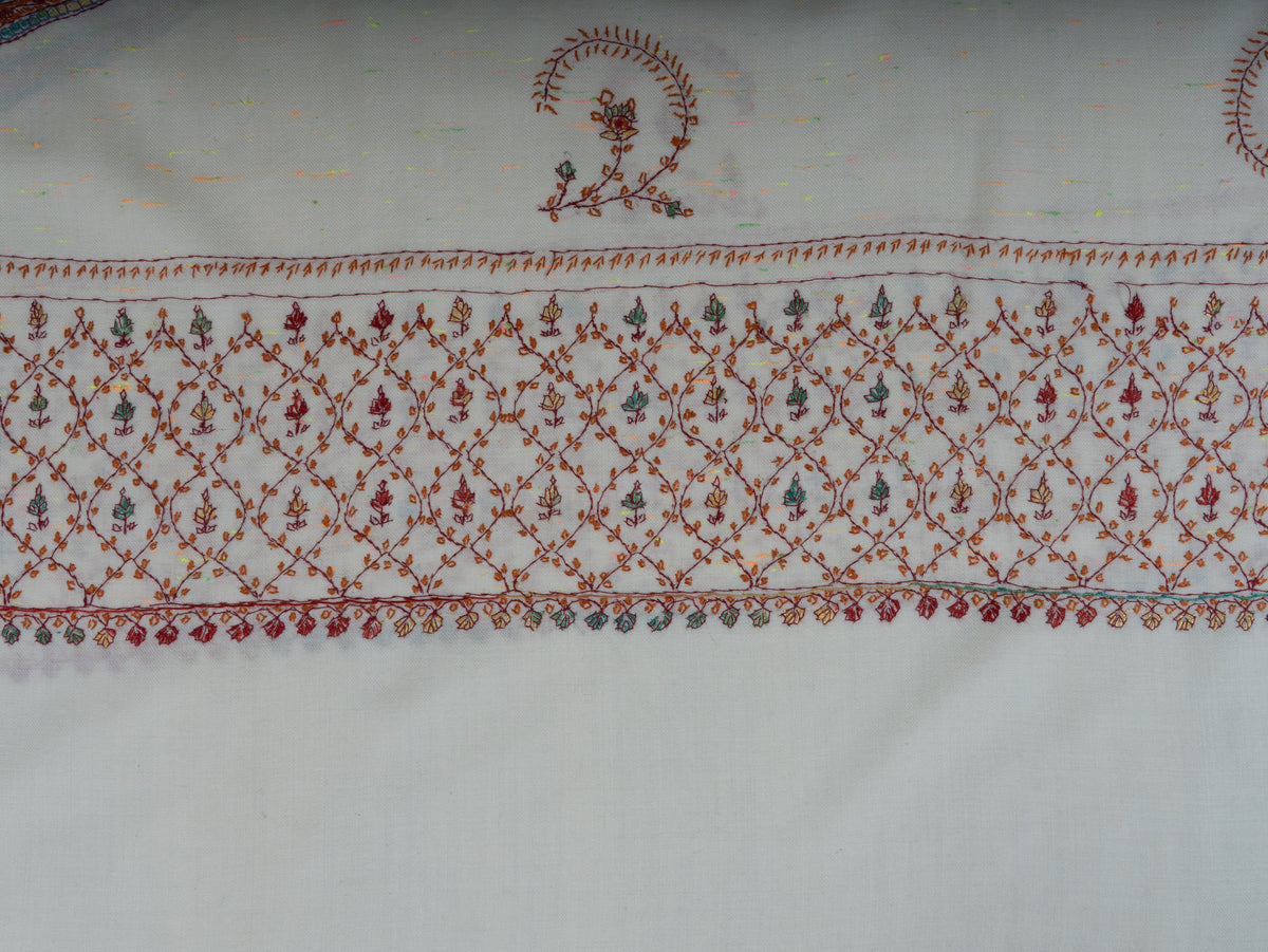 Ivory Serenity Sozni Hand Embroidered Fine merino wool with Delicate Floral Vines and Paisley Accents