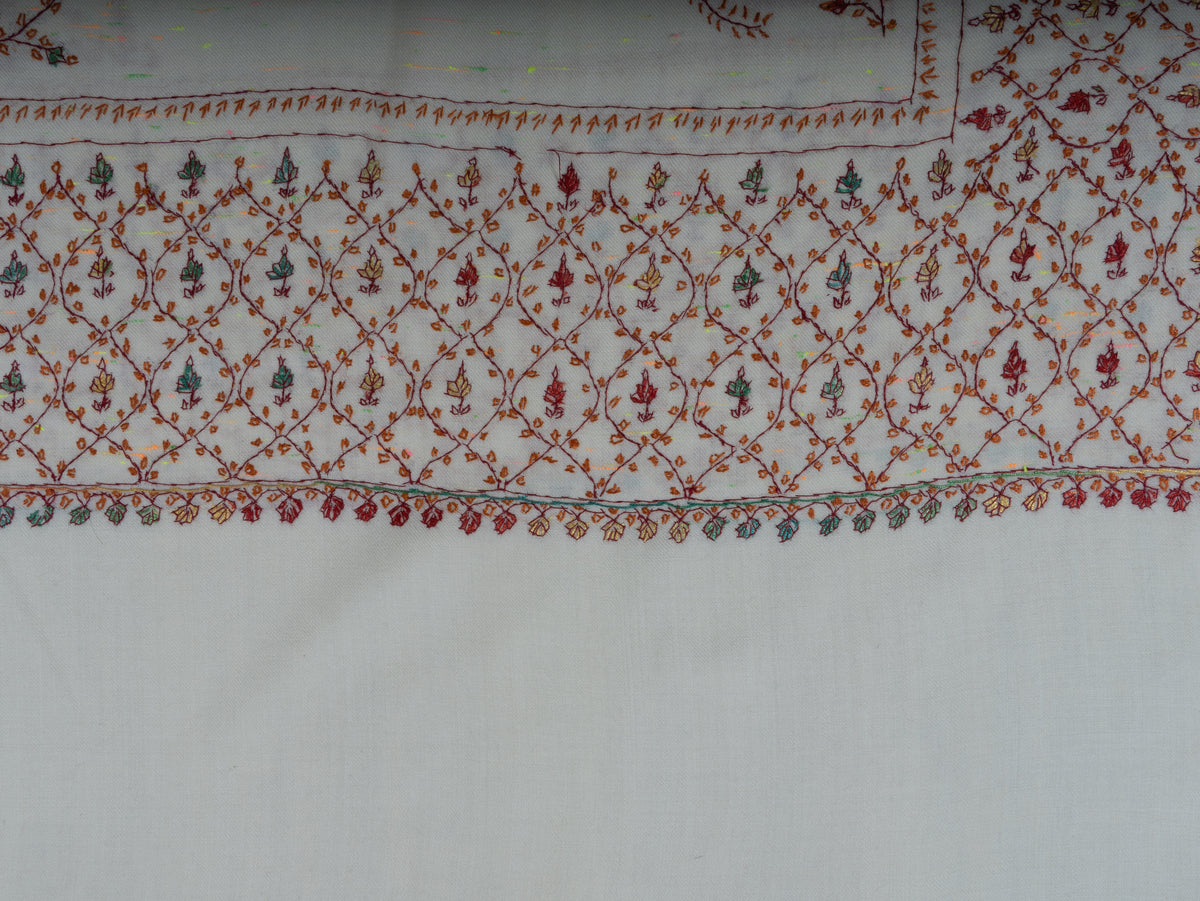Ivory Serenity Sozni Hand Embroidered Fine merino wool with Delicate Floral Vines and Paisley Accents