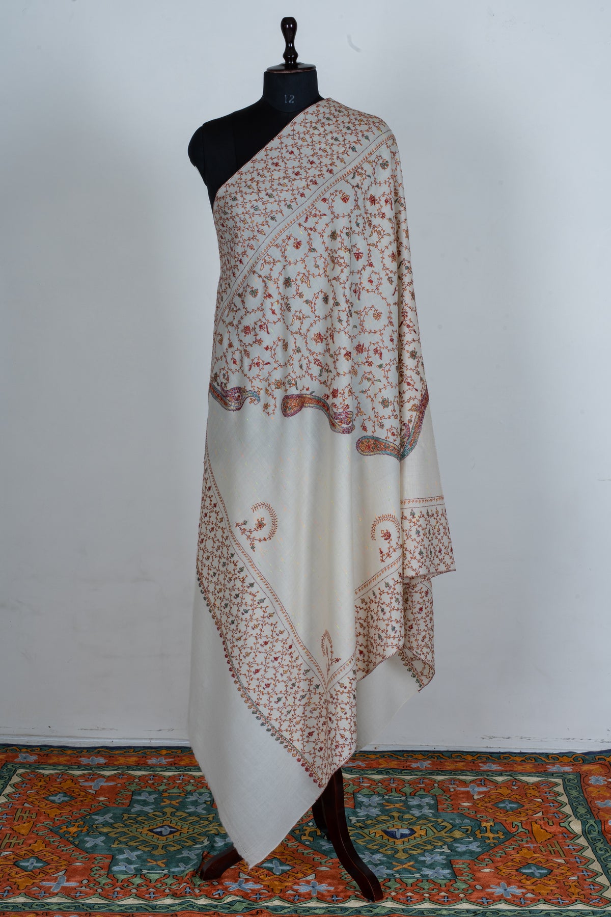 Ivory Serenity Sozni Hand Embroidered Fine merino wool with Delicate Floral Vines and Paisley Accents