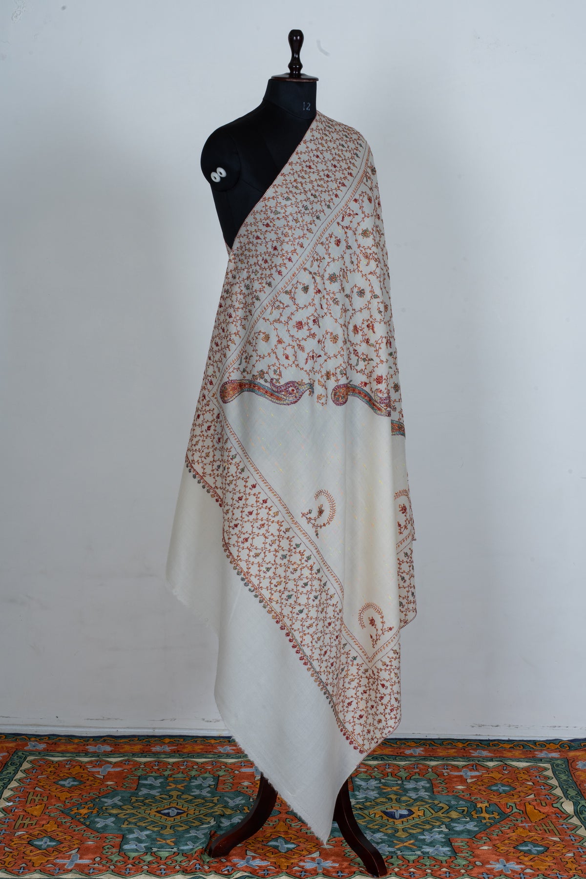 Ivory Serenity Sozni Hand Embroidered Fine merino wool with Delicate Floral Vines and Paisley Accents