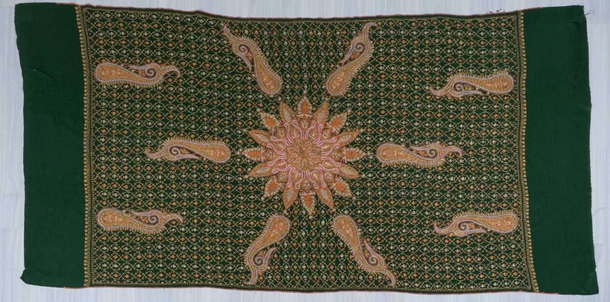 Emerald Heritage Sozni Hand Embroidered Fine merino wool Shawl with Golden Paisley Patterns