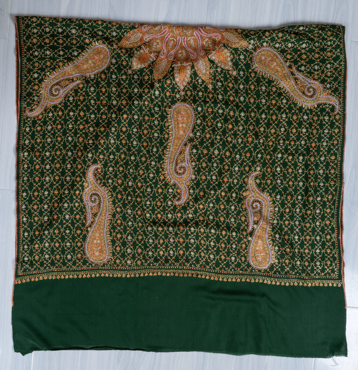 Emerald Heritage Sozni Hand Embroidered Fine merino wool Shawl with Golden Paisley Patterns