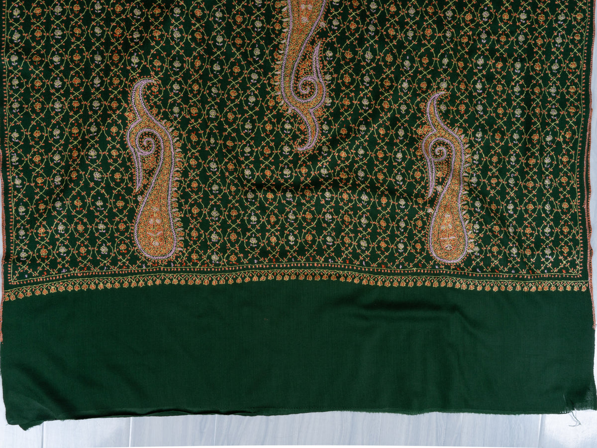 Emerald Heritage Sozni Hand Embroidered Fine merino wool Shawl with Golden Paisley Patterns
