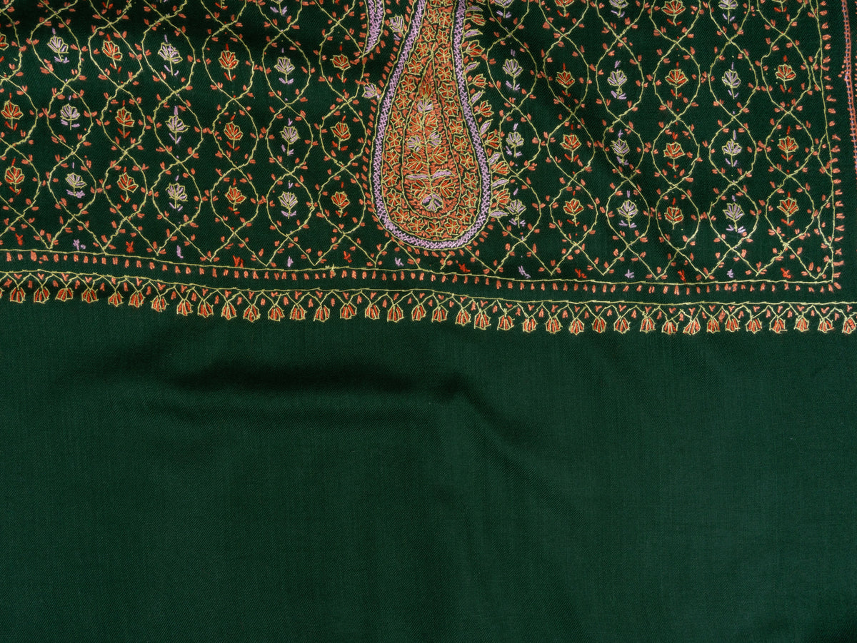 Emerald Heritage Sozni Hand Embroidered Fine merino wool Shawl with Golden Paisley Patterns