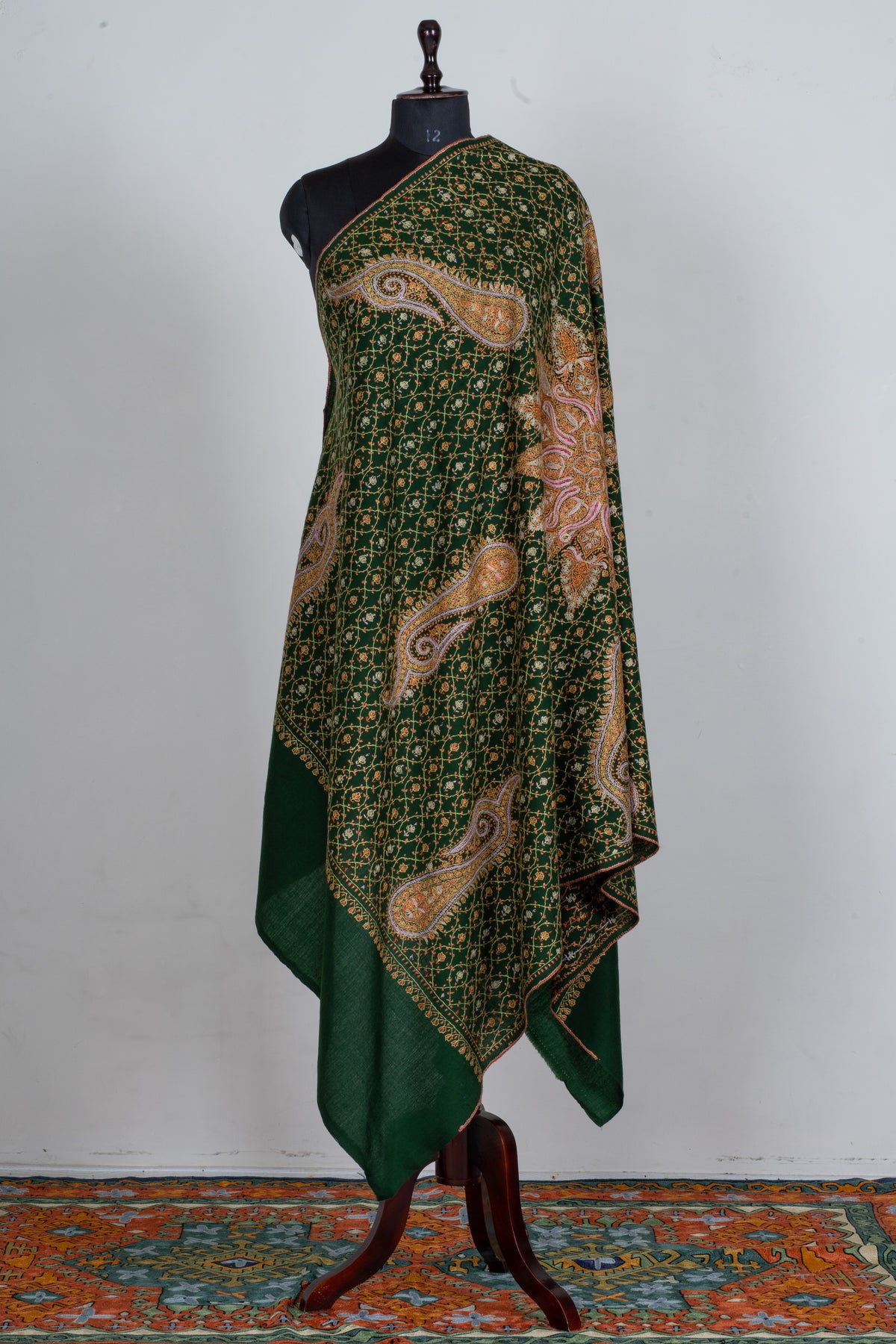 Emerald Heritage Sozni Hand Embroidered Fine merino wool Shawl with Golden Paisley Patterns