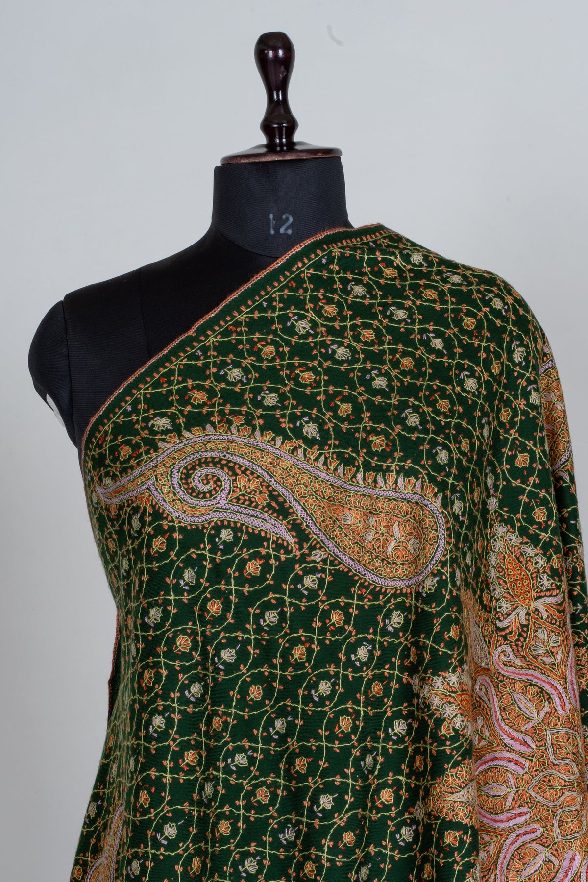 Emerald Heritage Sozni Hand Embroidered Fine merino wool Shawl with Golden Paisley Patterns