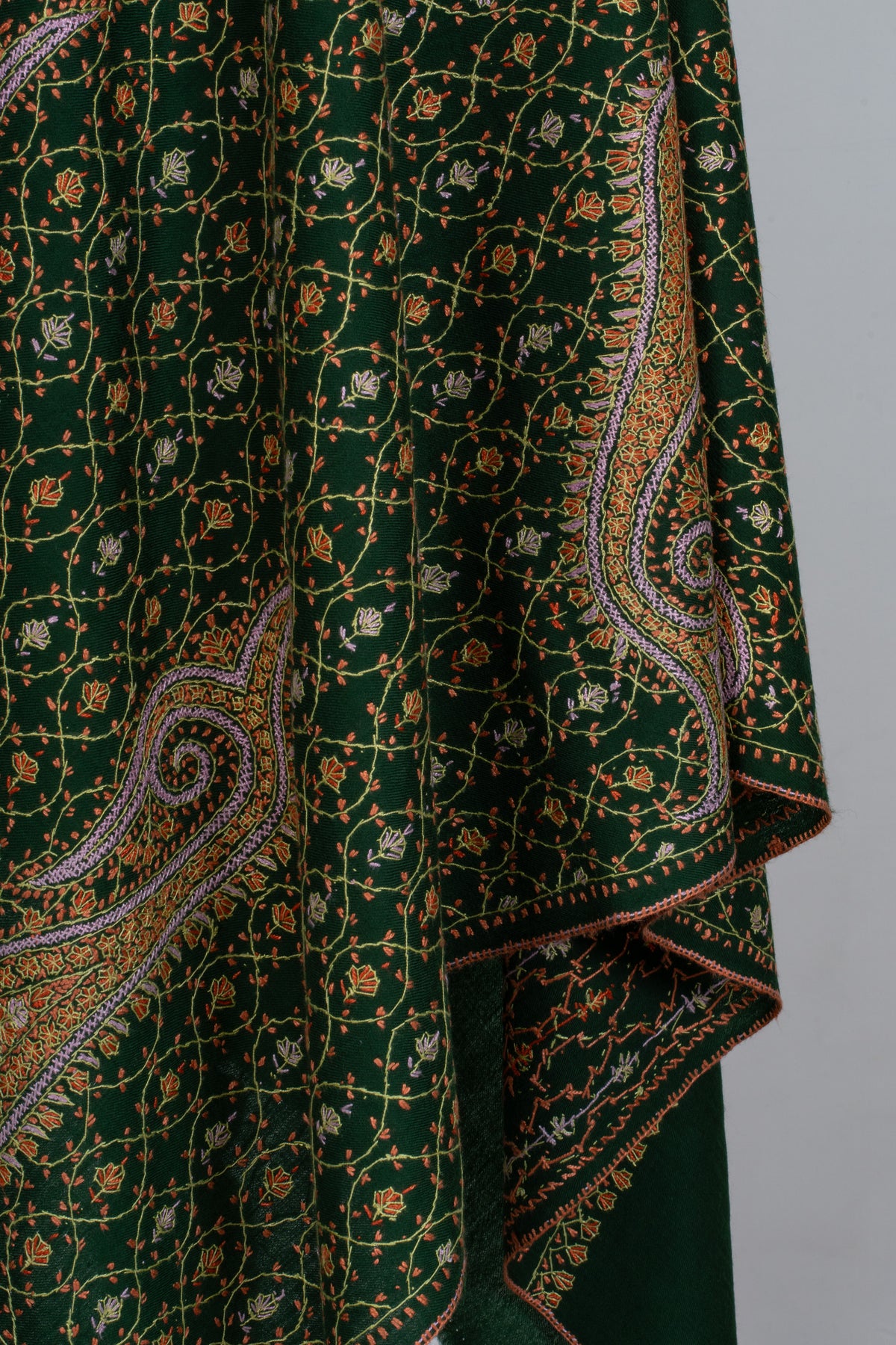 Emerald Heritage Sozni Hand Embroidered Fine merino wool Shawl with Golden Paisley Patterns