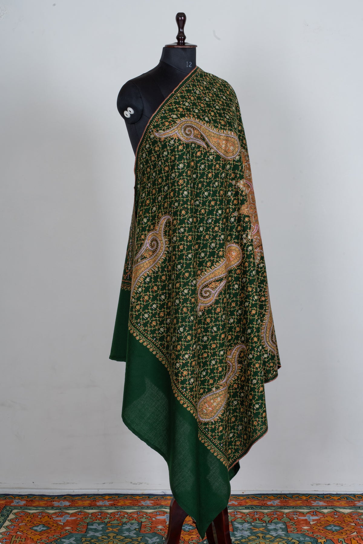 Emerald Heritage Sozni Hand Embroidered Fine merino wool Shawl with Golden Paisley Patterns