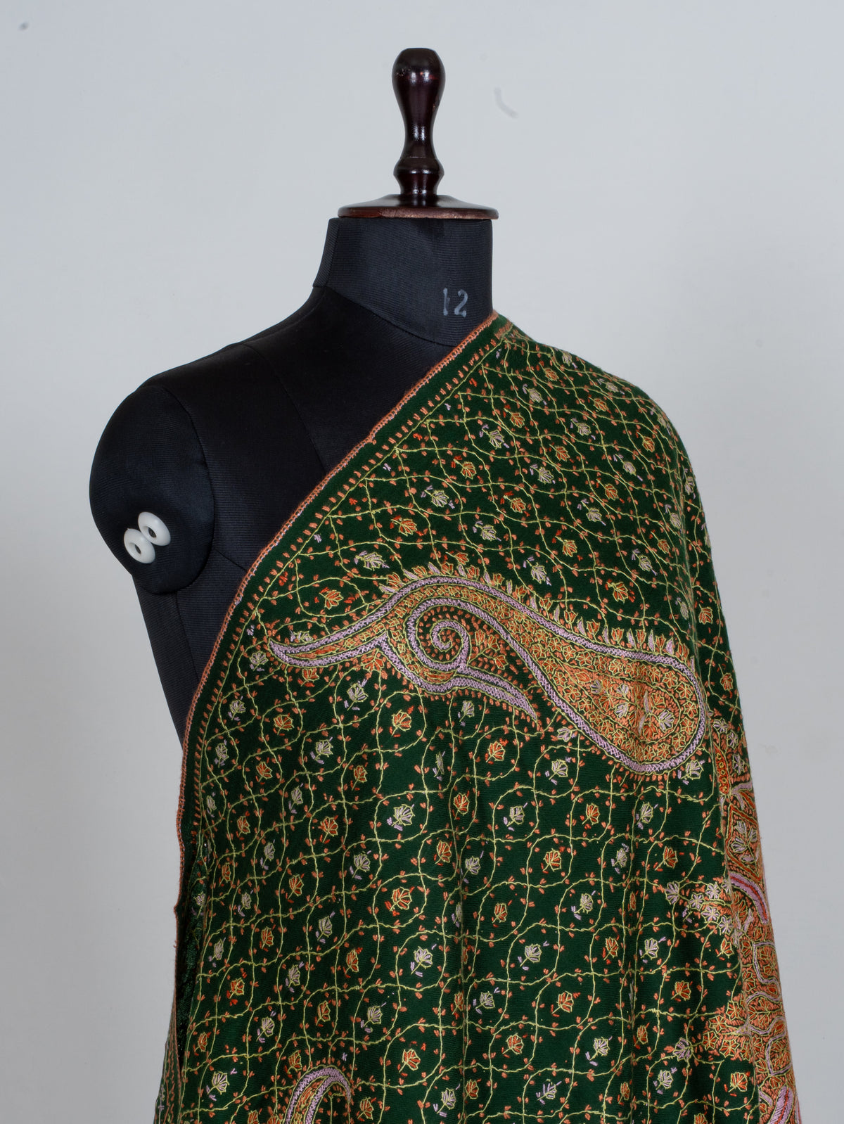Emerald Heritage Sozni Hand Embroidered Fine merino wool Shawl with Golden Paisley Patterns