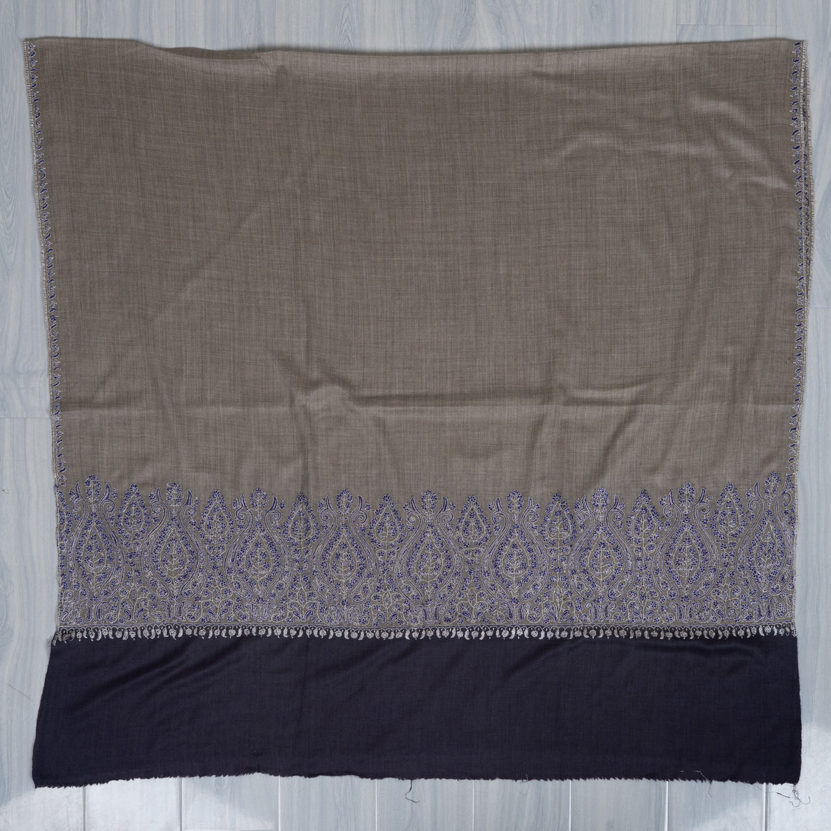 Sapphire Border Classic: Merino wool 2.5 Yards Sozni Hand Embroidered Shawl