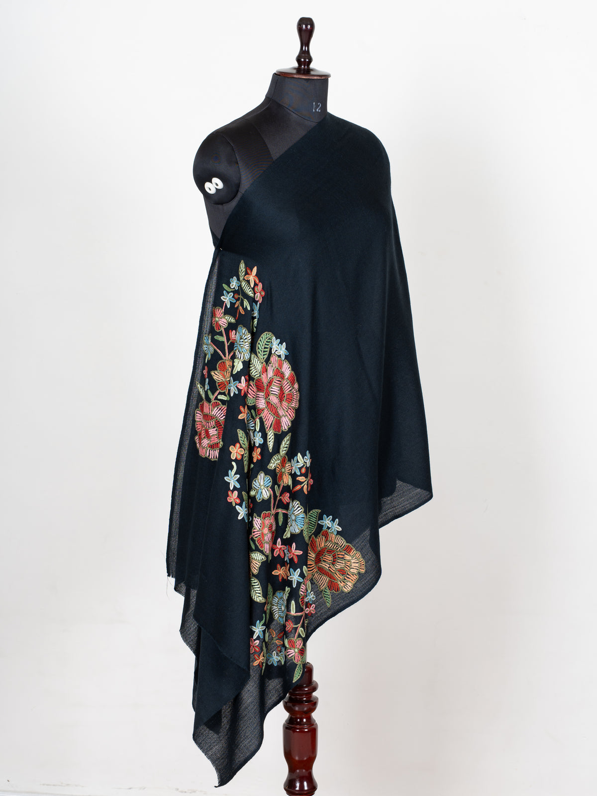 Midnight Garden Aari Hand Embroidered Fine merino wool scarf  with Vibrant Floral Blossoms