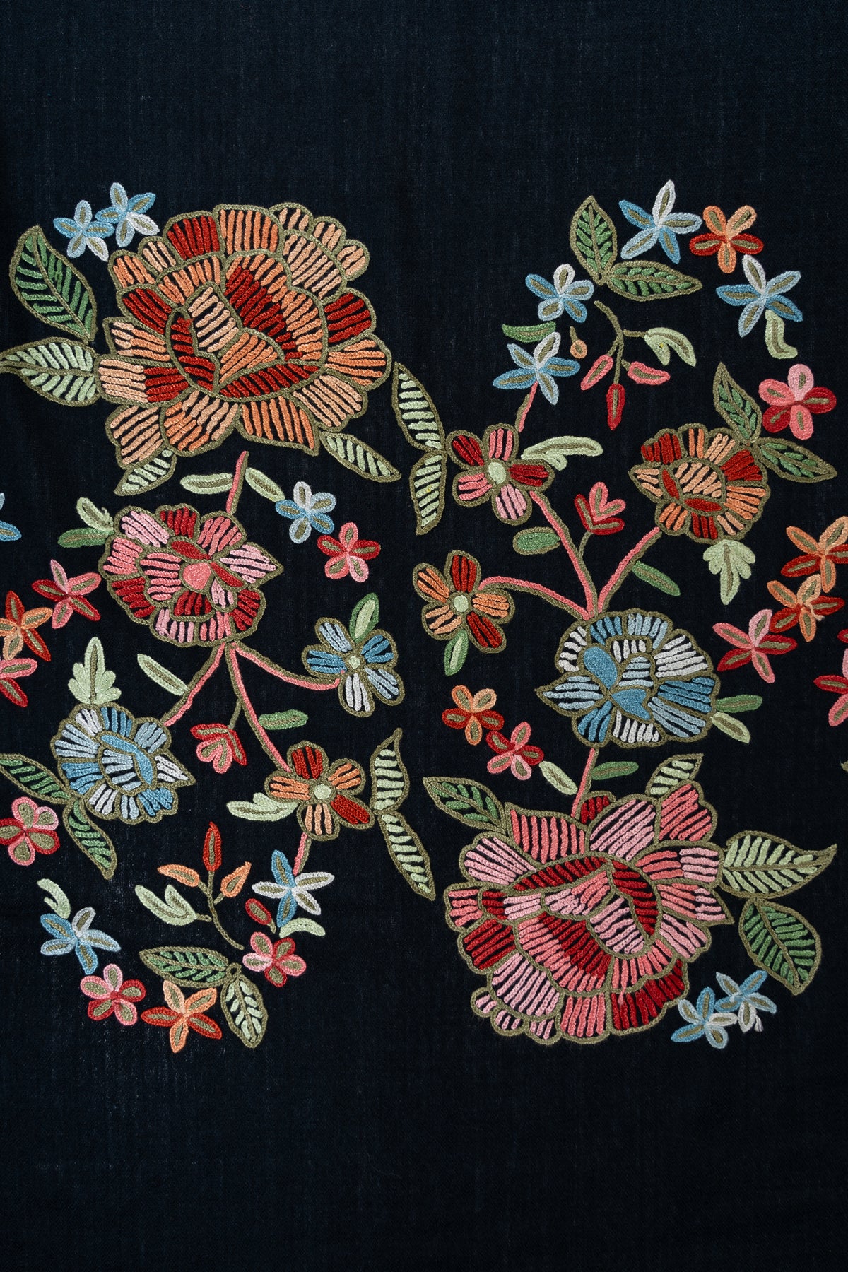 Midnight Garden Aari Hand Embroidered Fine merino wool scarf  with Vibrant Floral Blossoms