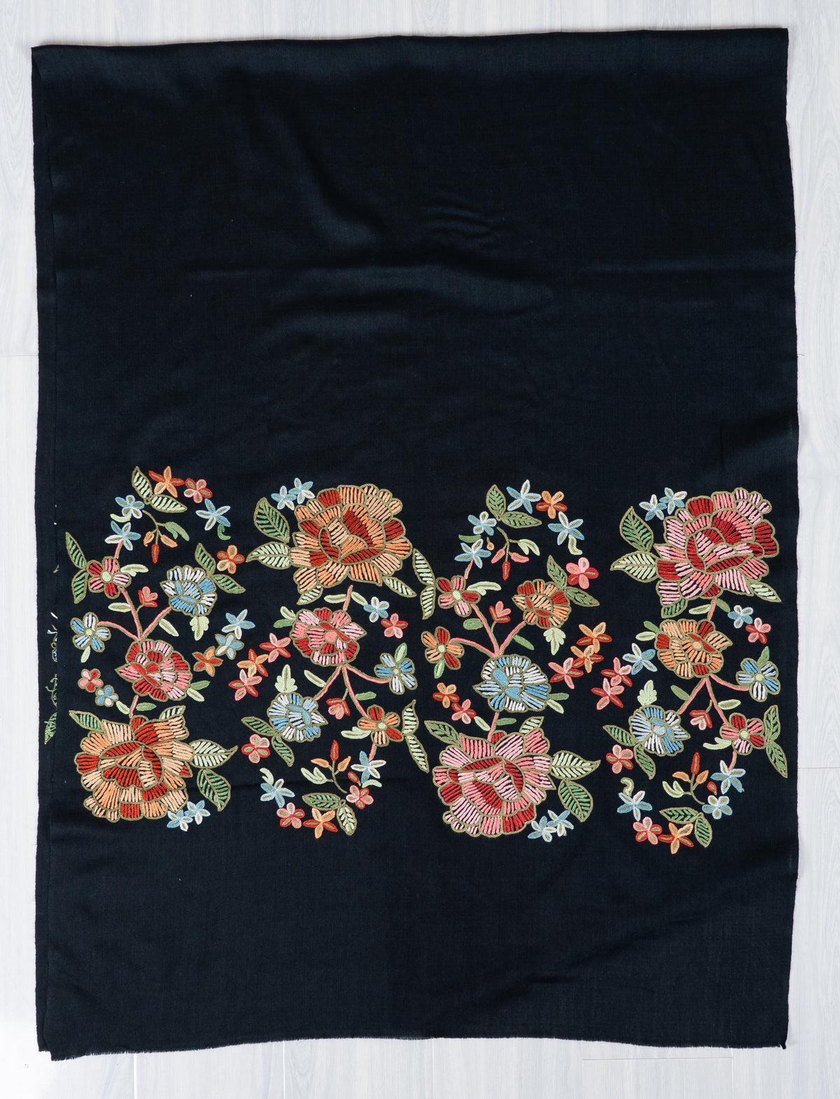 Midnight Garden Aari Hand Embroidered Fine merino wool scarf  with Vibrant Floral Blossoms