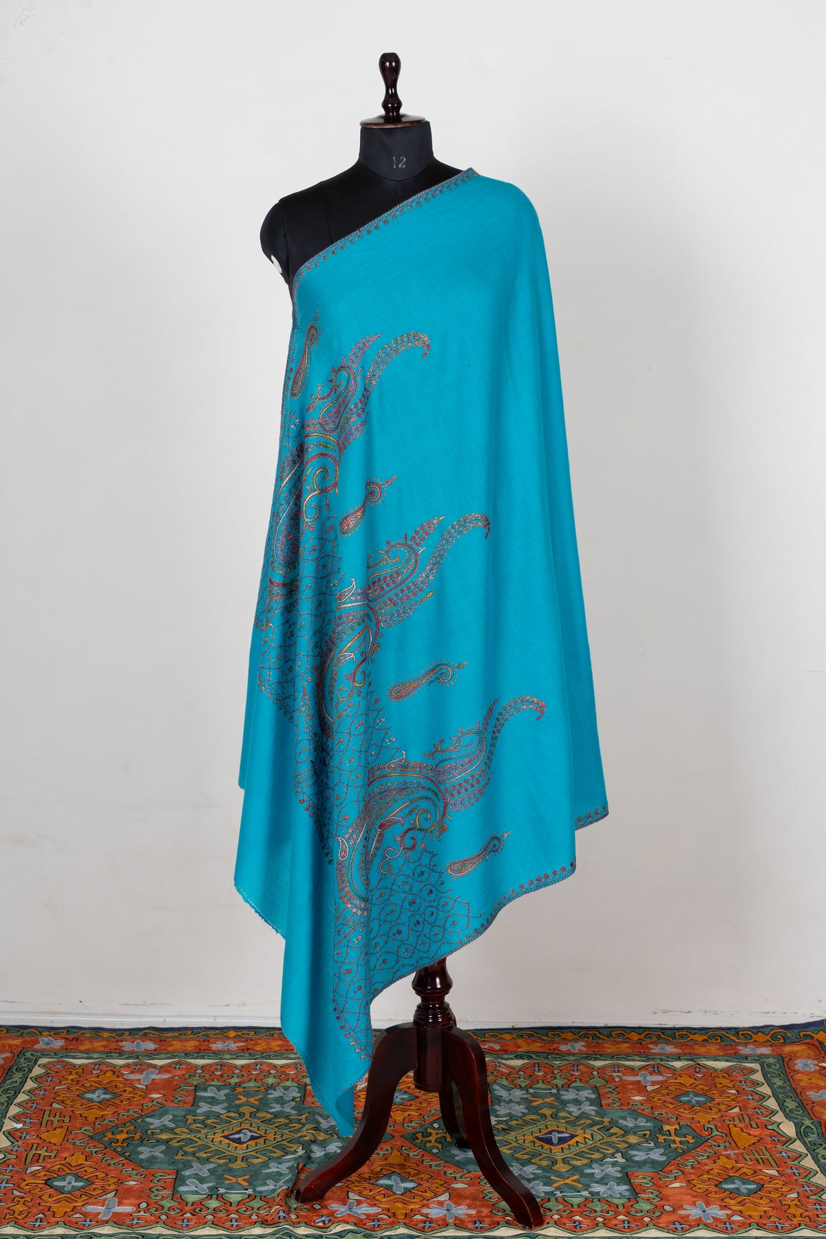 Turquoise Elegance Sozni Hand Embroidered Fine merino wool Shawl with Multicolored Paisley Motifs