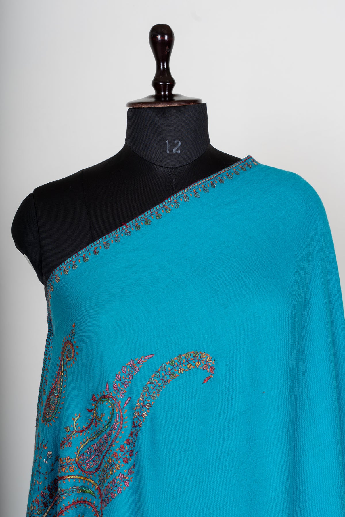 Turquoise Elegance Sozni Hand Embroidered Fine merino wool Shawl with Multicolored Paisley Motifs
