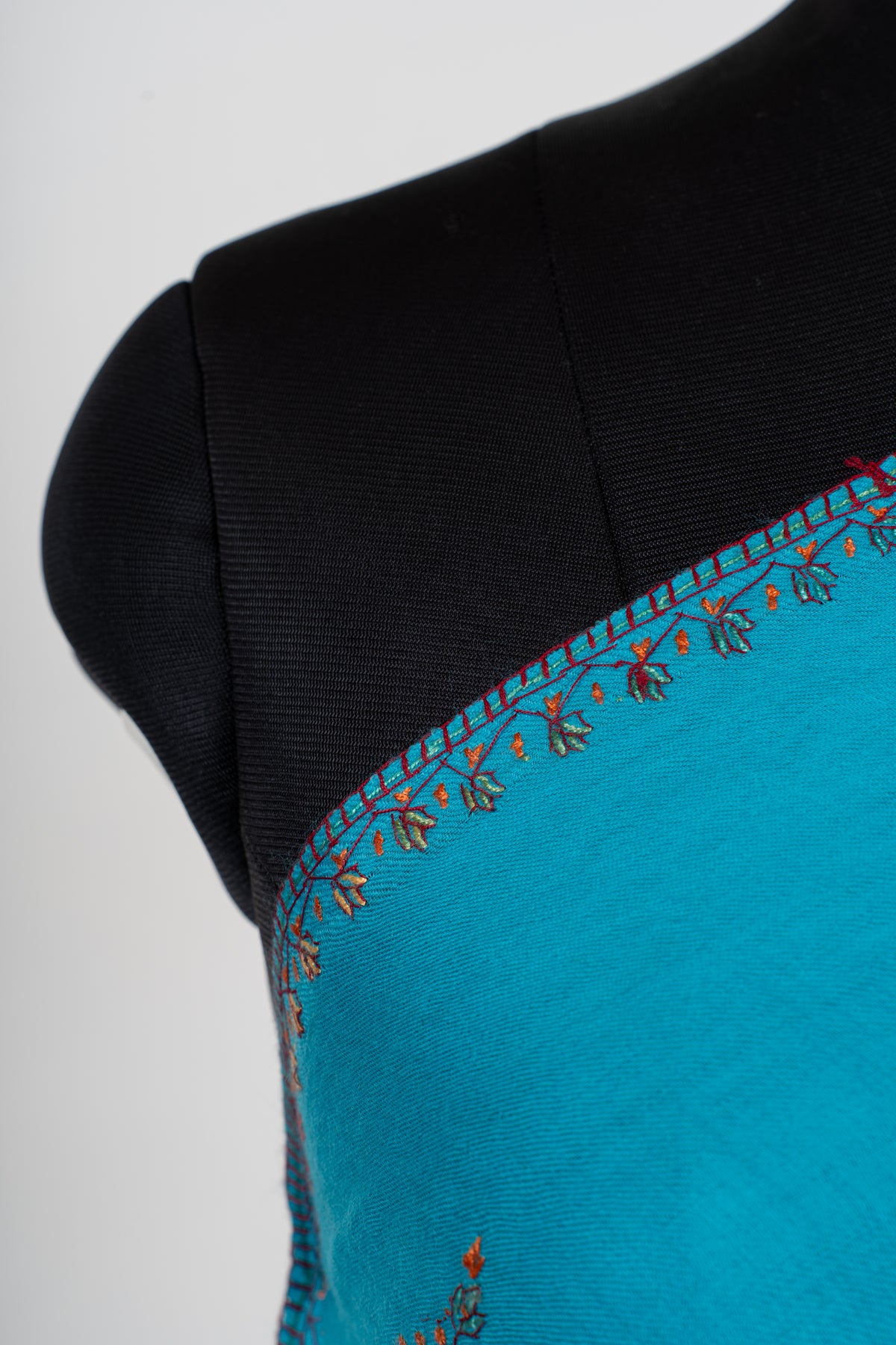 Turquoise Elegance Sozni Hand Embroidered Fine merino wool Shawl with Multicolored Paisley Motifs
