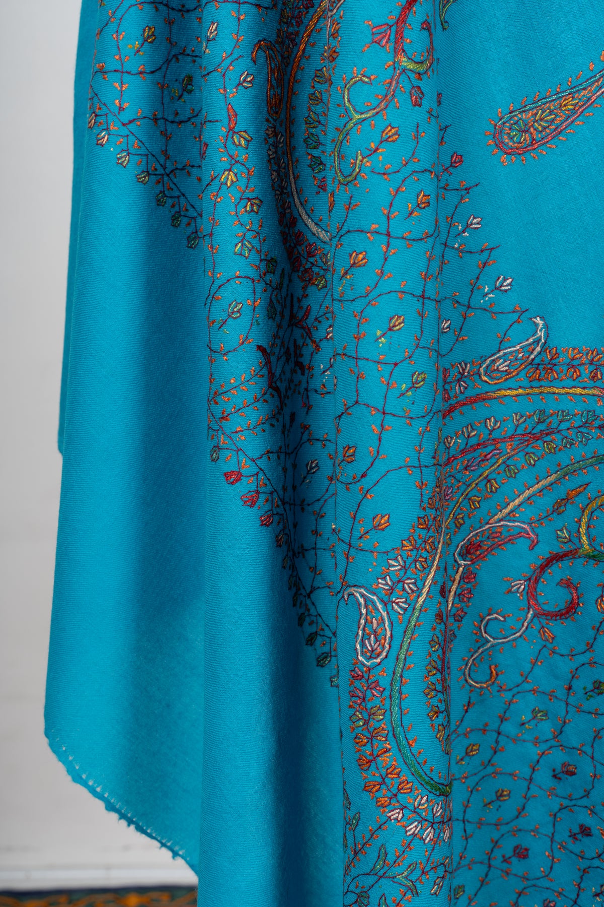 Turquoise Elegance Sozni Hand Embroidered Fine merino wool Shawl with Multicolored Paisley Motifs