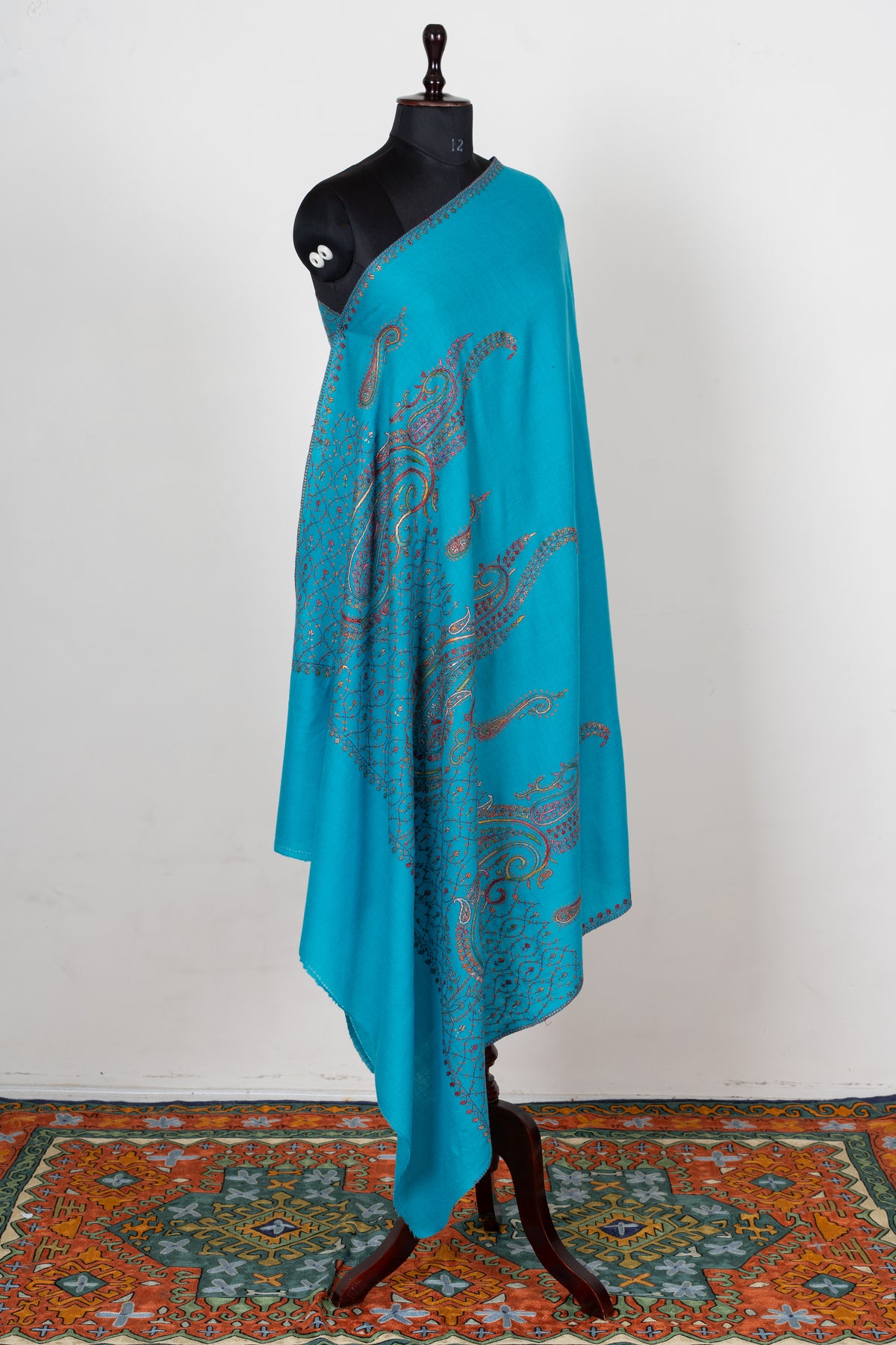 Turquoise Elegance Sozni Hand Embroidered Fine merino wool Shawl with Multicolored Paisley Motifs