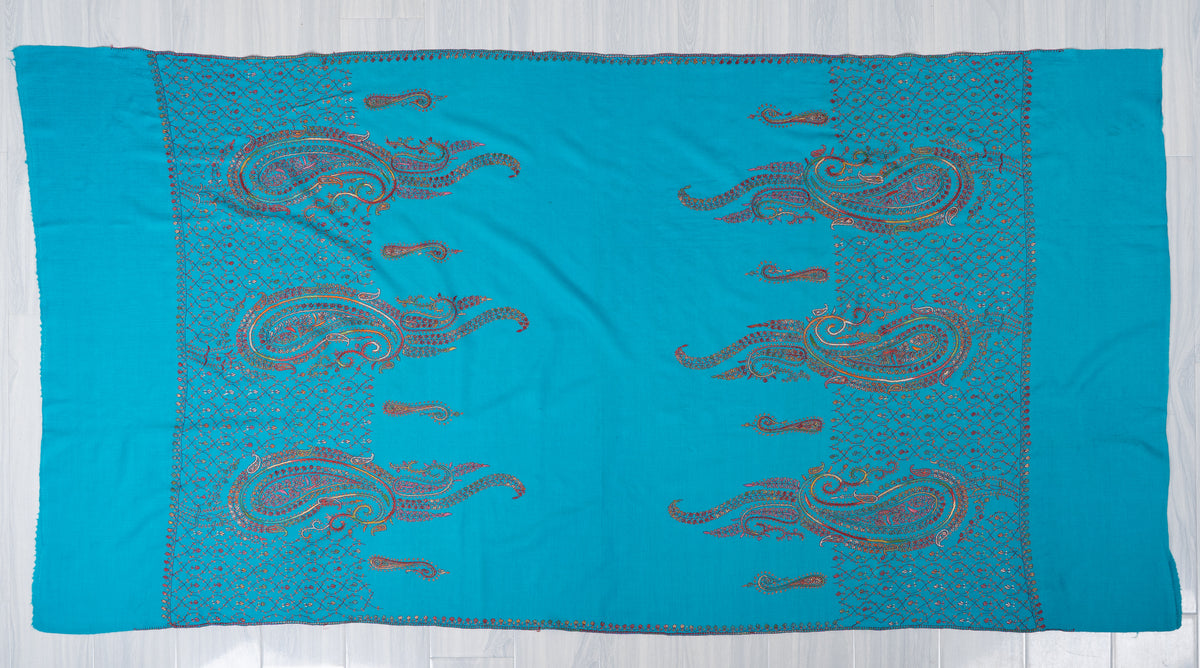 Turquoise Elegance Sozni Hand Embroidered Fine merino wool Shawl with Multicolored Paisley Motifs