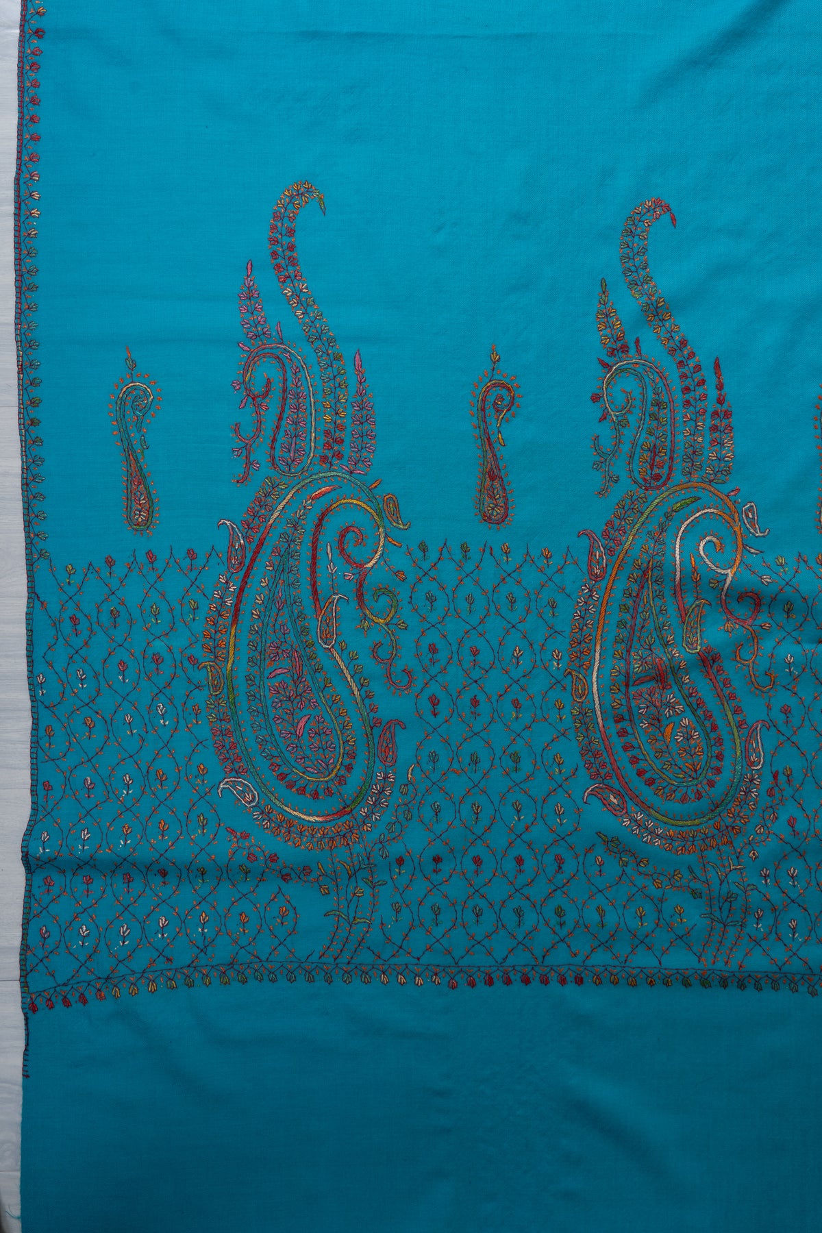 Turquoise Elegance Sozni Hand Embroidered Fine merino wool Shawl with Multicolored Paisley Motifs
