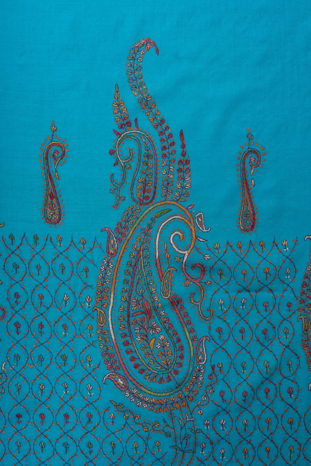 Turquoise Elegance Sozni Hand Embroidered Fine merino wool Shawl with Multicolored Paisley Motifs