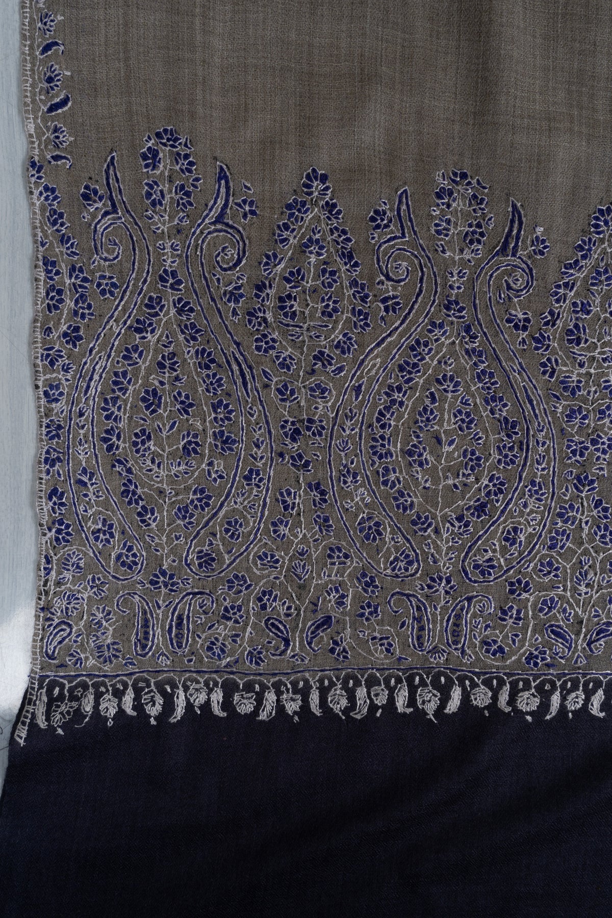 Sapphire Border Classic: Merino wool 2.5 Yards Sozni Hand Embroidered Shawl