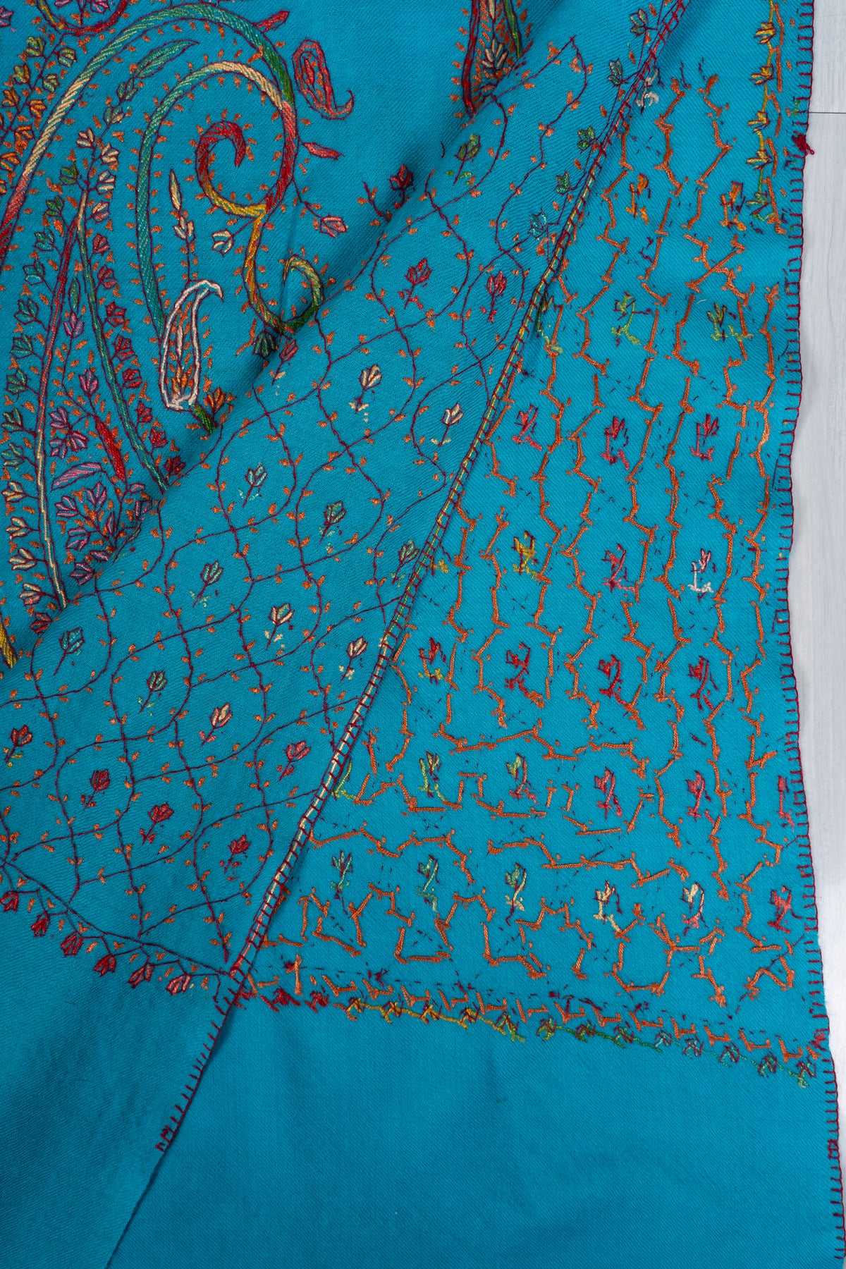 Turquoise Elegance Sozni Hand Embroidered Fine merino wool Shawl with Multicolored Paisley Motifs