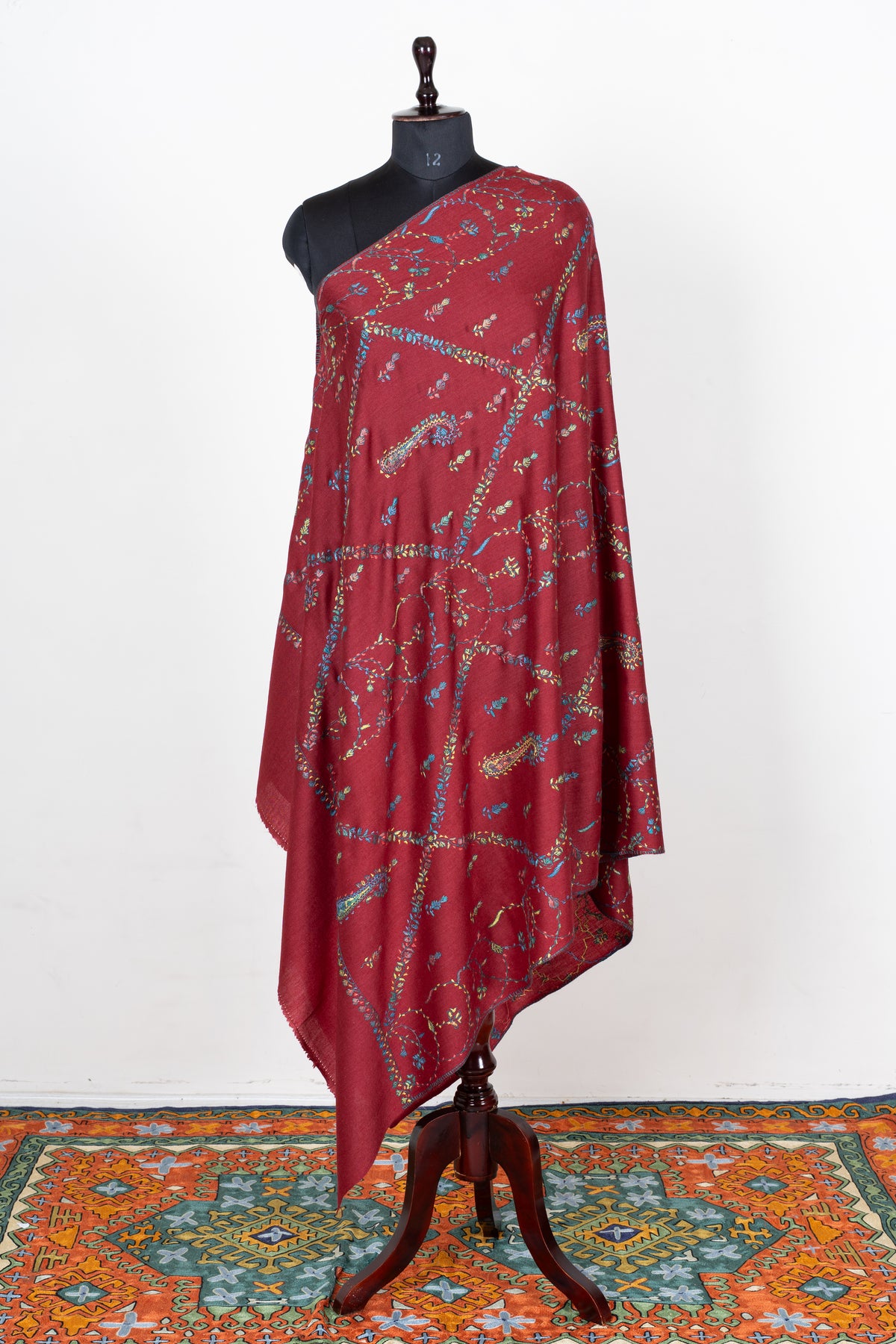 Crimson Wildflower Merino Wool Shawl with Multicolour Sozni Hand Embroidered Vines