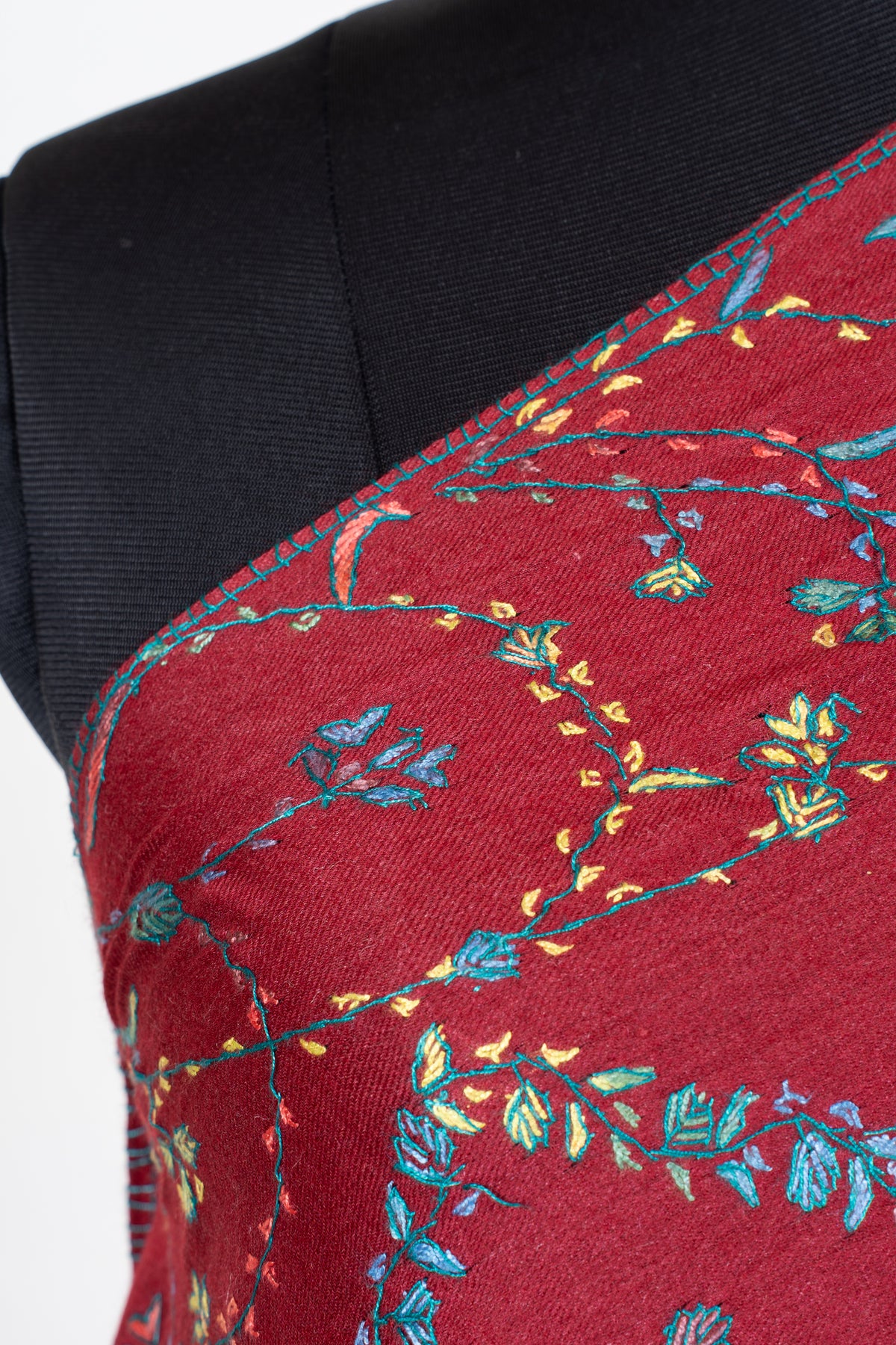 Crimson Wildflower Merino Wool Shawl with Multicolour Sozni Hand Embroidered Vines