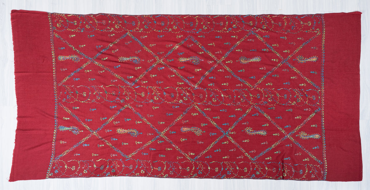 Crimson Wildflower Merino Wool Shawl with Multicolour Sozni Hand Embroidered Vines