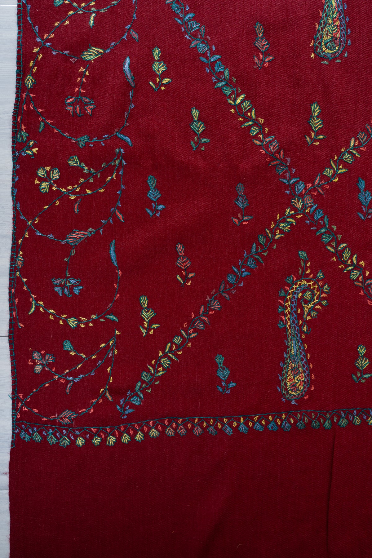 Crimson Wildflower Merino Wool Shawl with Multicolour Sozni Hand Embroidered Vines