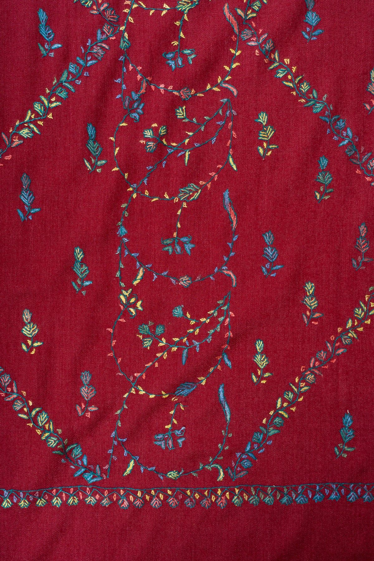 Crimson Wildflower Merino Wool Shawl with Multicolour Sozni Hand Embroidered Vines