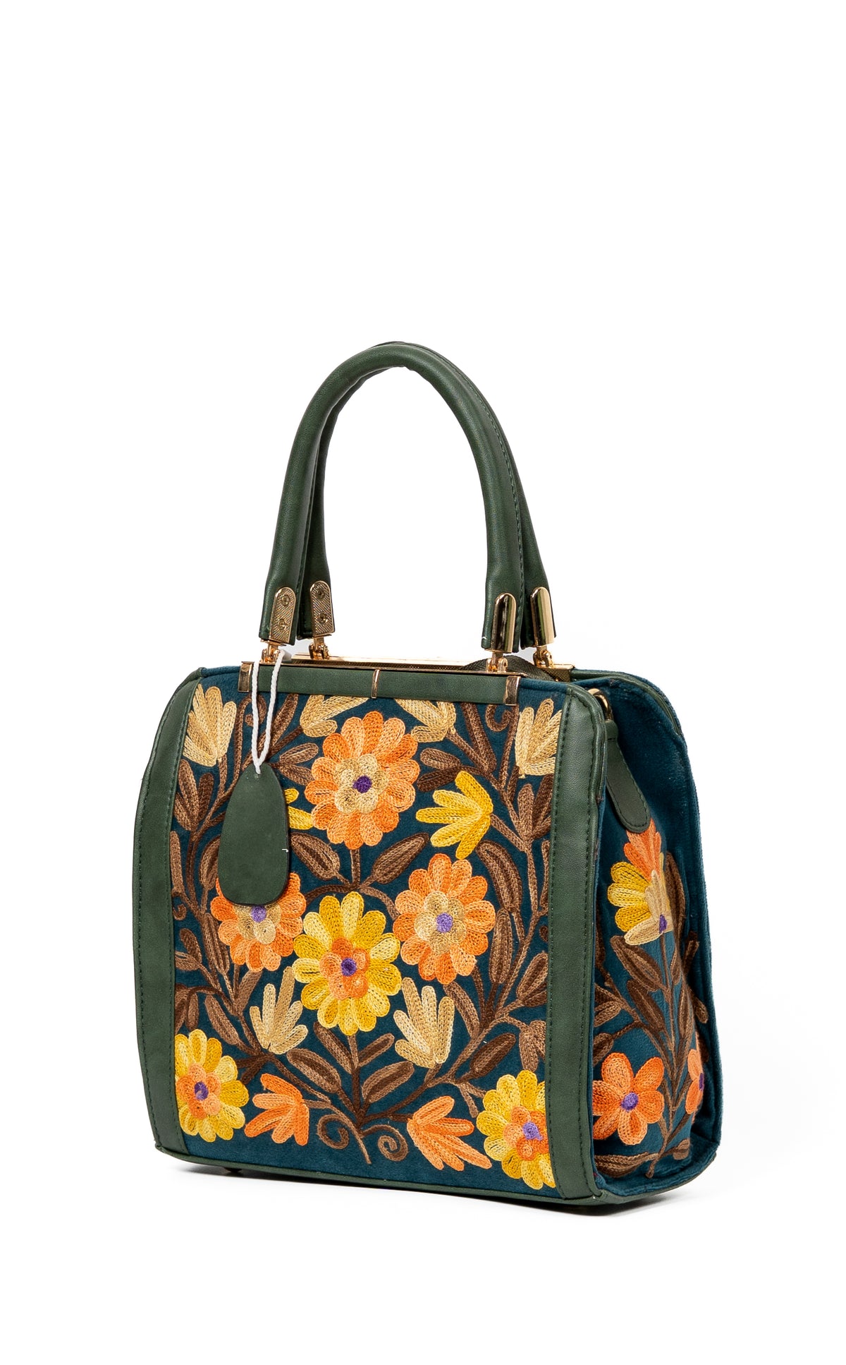 Angled front of a dark green double-handle handbag with orange and yellow Aari flowers, brown vines and gold-toned fittings