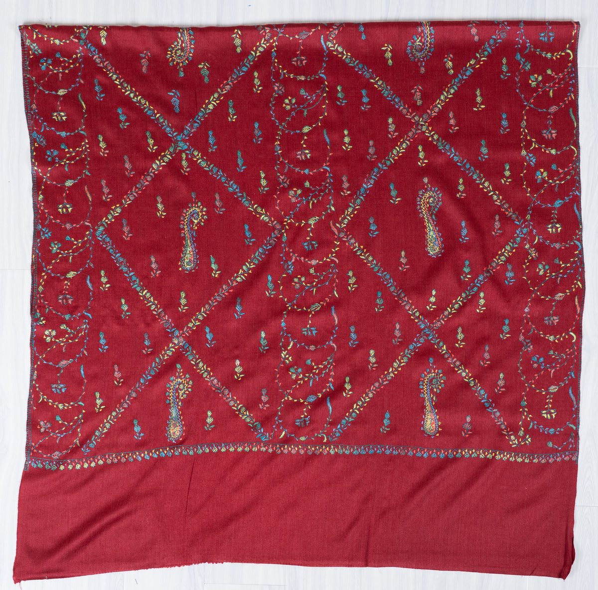 Crimson Wildflower Merino Wool Shawl with Multicolour Sozni Hand Embroidered Vines