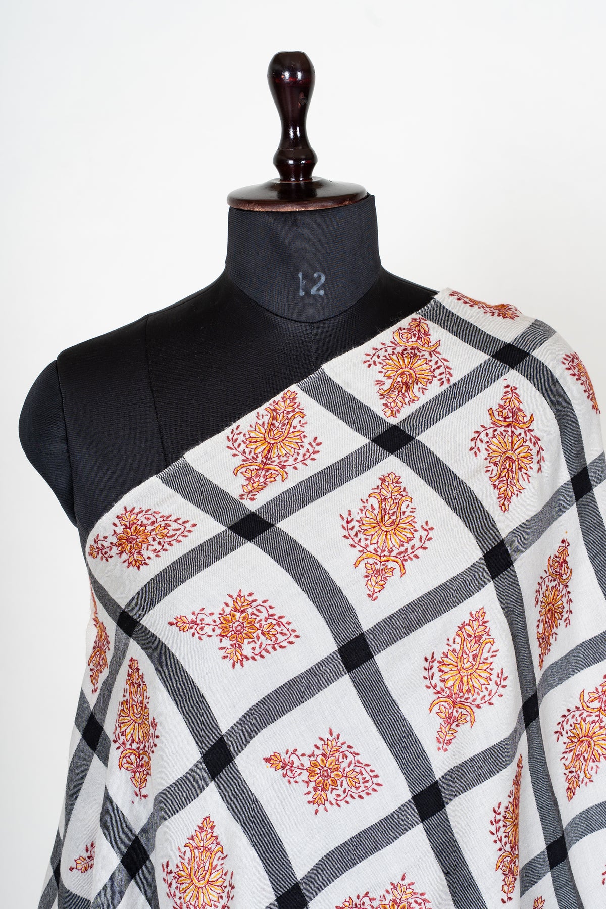 Ivory Grid Merino Wool Shawl with Amber Sozni Hand Embroidered Floral Motifs