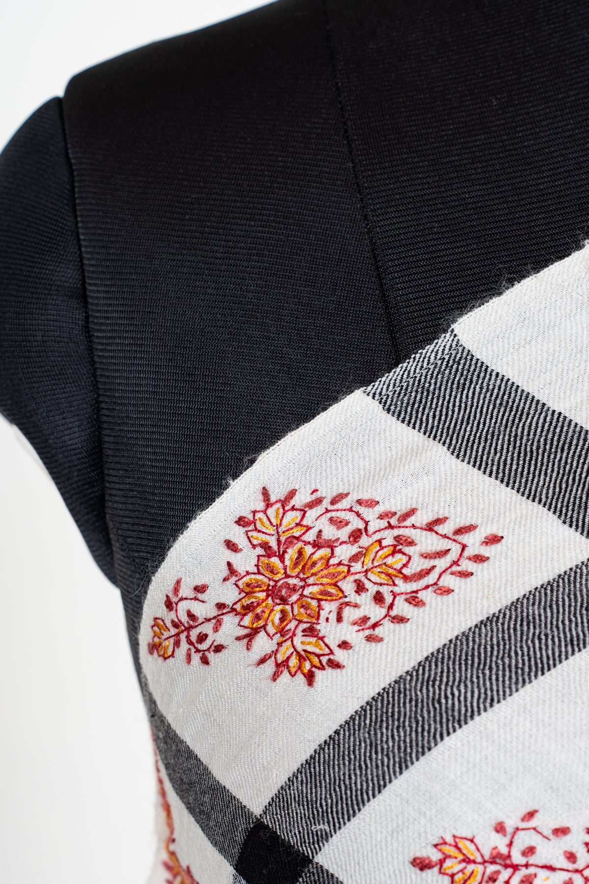 Ivory Grid Merino Wool Shawl with Amber Sozni Hand Embroidered Floral Motifs