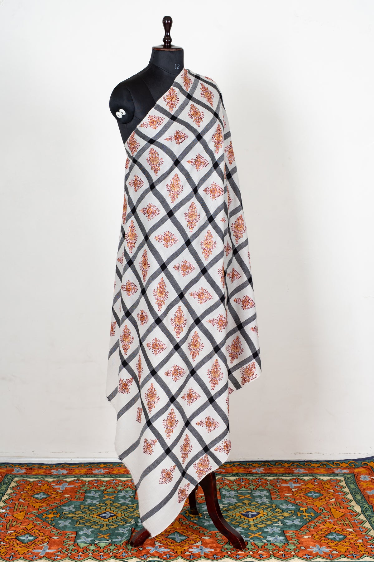 Ivory Grid Merino Wool Shawl with Amber Sozni Hand Embroidered Floral Motifs