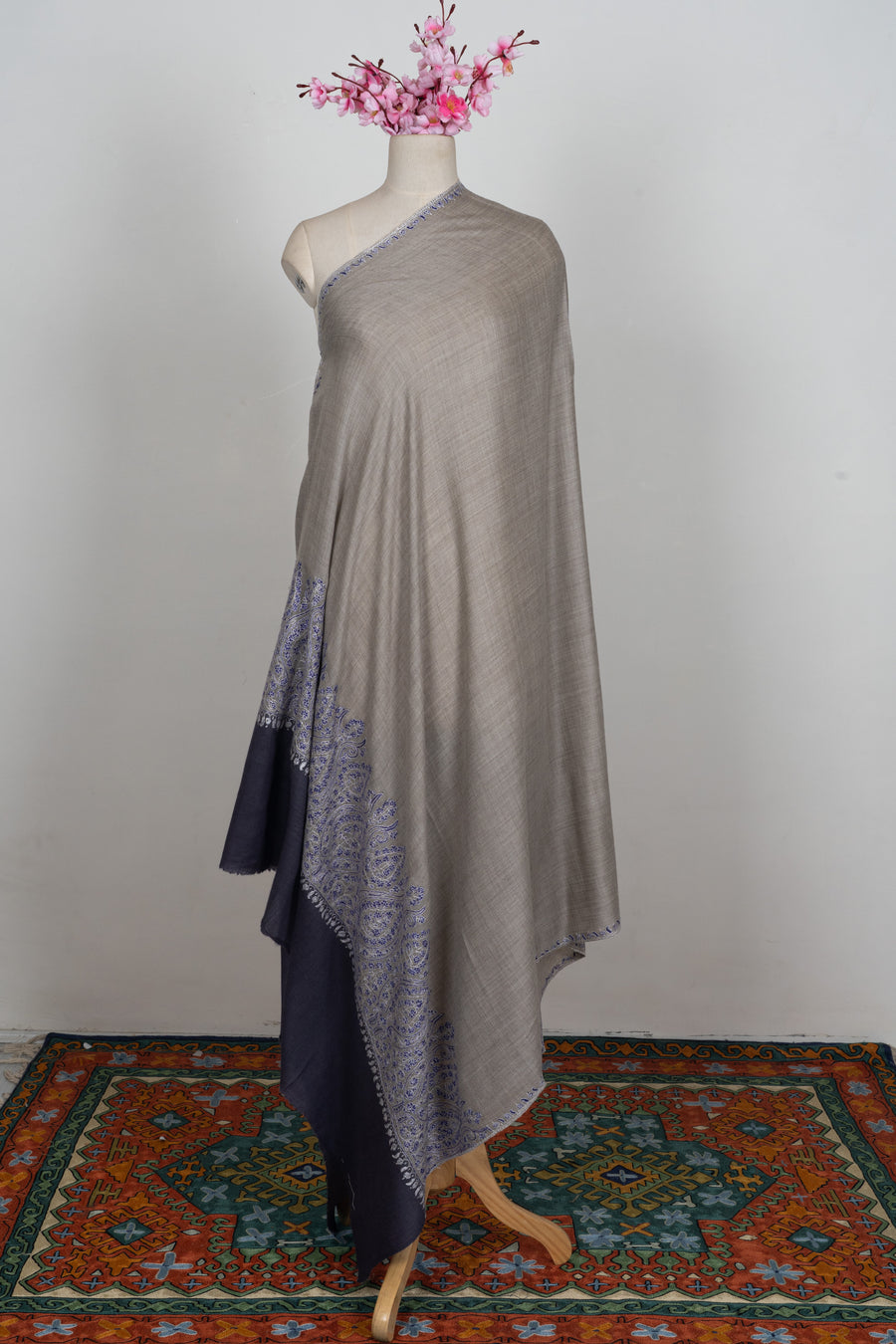 Sapphire Border Classic: Merino wool 2.5 Yards Sozni Hand Embroidered Shawl